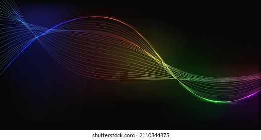 Resumen de ondas multicolores sobre fondo negro. Ola de luz arcoiris. Ilustración vectorial.