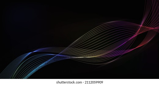 Resumen de ondas multicolores sobre fondo negro. Ola de luz arcoiris. Ilustración vectorial.