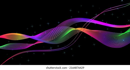 Abstract multicolored waves on black background. Electronic color sound waves. Vector illustration. Banner, poster design.