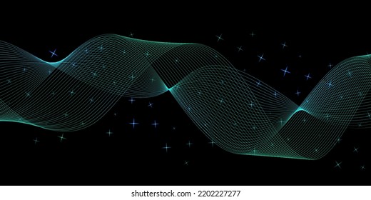 Resumen de ondas multicolores sobre fondo negro. Olas de sonido de color electrónico. Ilustración vectorial.