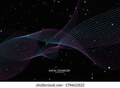 Abstract multi-colors flow line digital technology, smooth particle wave, big data techno, design concept background and wallpaper, vector eps
