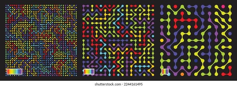 Abstract multicolour three sizes metaball pattern on dark background in square frame design. Vector illustration.