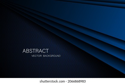 Abstract multilayer overlapping dark blue lines on dark steel mesh background with space for text design. modern technology innovation concept background
