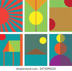 Abstract multiple art designs. red, yellow and blue colored. six design in one art.