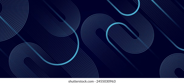 Abstract multiple light blue geometric stripe line curves on dark blue background. Futuristic technology concept. Graphic design element banner for decoration. EPS10 vector illustration.