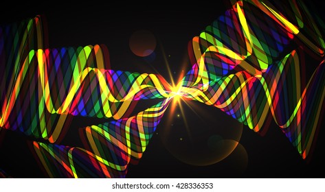 Abstract multiple lines on dark background. Bright lights particles flare. Colorful wave. Vector design.