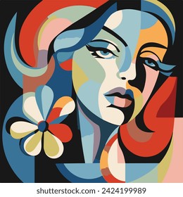 abstract , mural of a beautiful woman's face in calm and harmonious colors