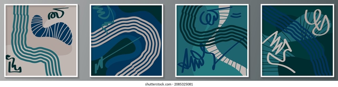 An abstract mural of four images in cold colors. A beautiful panel for interior decoration, corporate designs, blogs, postcards, posters and your other projects. Vector. 