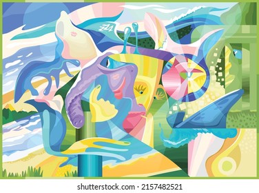 Abstract mural painting in cubism style. Graphic design poster with abstract form elephant, persons and eye. Modern art. Vector graffiti print