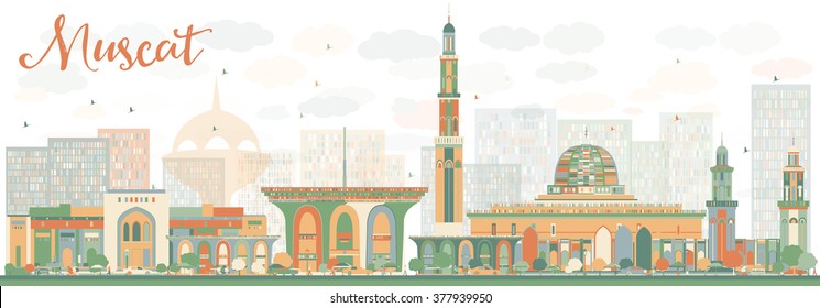 Abstrakte Skyline von Muscat mit Farbbauten. Vektorgrafik. Business Travel and Tourism Konzept mit historischen Gebäuden. Bild für Präsentationsbanner-Platzierung und Website.