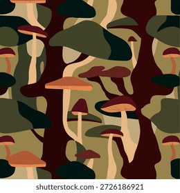 Abstract Mushroom Forest Seamless Pattern. Organic Fungi Forest Vector Background Design. Seamless Mushrooms Nature Vector Pattern. Nature Inspired Mushroom Vector Background.