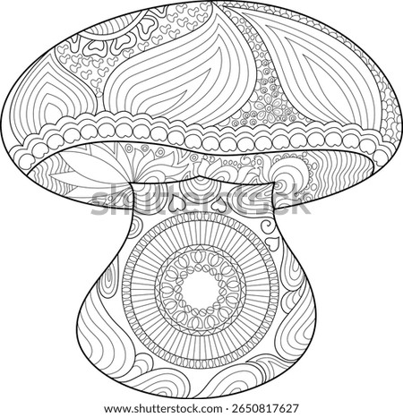 Abstract Mushroom Outline with Zentangle Patterns: Hand-Drawn Black and White Illustration Ideal for Adult Coloring and Relaxation.