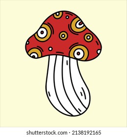 Abstract mushroom vector icon. Hand drawn retro illustration. Poisonous forest fly agaric, toxic grebe. Cartoon print for decoration, t-shirt design, sticker. Bright doodle, magic clipart, 70s style