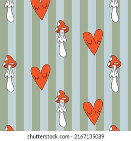 Abstract mushrooms 70s retro pattern. 70s vibes background