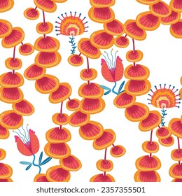 Abstract Mushrooms and Flowers Vector Seamless Pattern