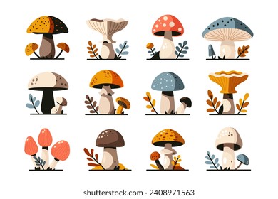 Abstract mushrooms. Forest plants different shapes, amanita, chanterelle, boletus, fly agaric, cartoon poisonous and edible fungi. Vector flat set