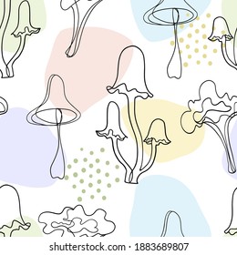 Abstract mushrooms seamless pattern. Hand drawn style. Line art. The Continuous Line Contour. Vector illustration on colourful blobs.
