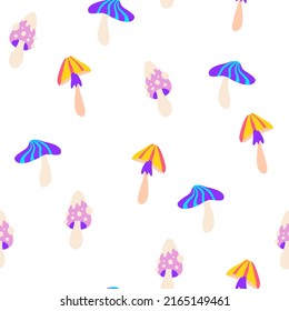 Resumen de hongos sin costura. Impresión hippie, en una paleta de colores cálidos. Estilo vintage de los años 60 y 70. Hongo psicodélico. Para textiles, prendas de vestir, ropa de cama, papel tapiz. Ilustración vectorial.