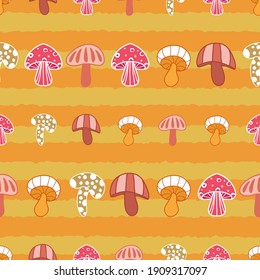 Abstract mushrooms seamless pattern on orange stripes