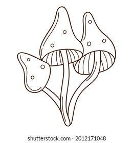 Abstract mushrooms, toadstool, fly agaric. A symbol of the forest, autumn, and harvest. design element with outline. Doodle, hand-drawn. Flat. Black white vector illustration. Isolated on white.