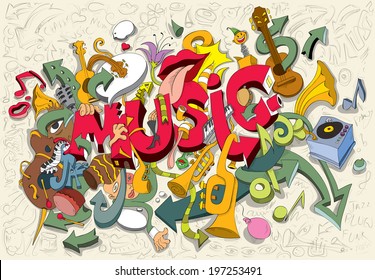 Abstract Music Artwork, Trumpet, Drums, Piano, Guitar, Instruments, People, Sketches (vector Art)