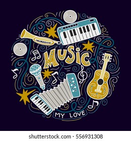 Abstract Music Background ,Collage with musical instruments.Hand drawing Doodle,vector illustration.