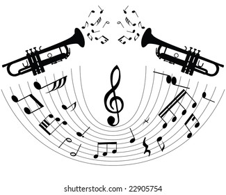 Abstract music background with different notes and wind instrument
