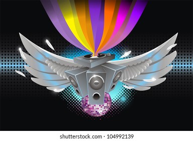 abstract music background dj wings speakers disco sphere rainbow feather