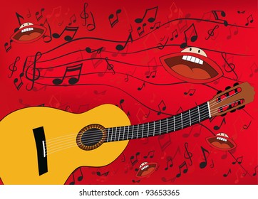 Abstract music background with a guitar and singing mouths