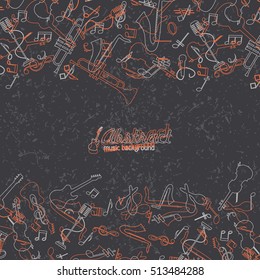 Abstract music background with hand-drawn or linear style musical instruments on black fond vector illustration