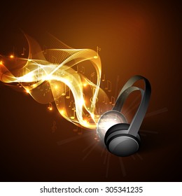 Abstract music background headphones and glowing waves, musical notes.