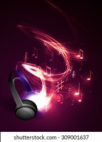 Abstract music background headphones and glowing waves, musical notes.