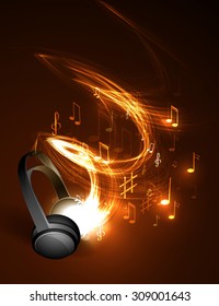 Abstract music background headphones and glowing waves, musical notes.