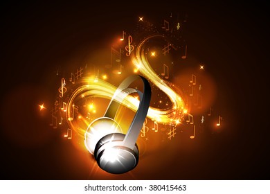 Abstract music background headphones and glowing waves, musical notes.