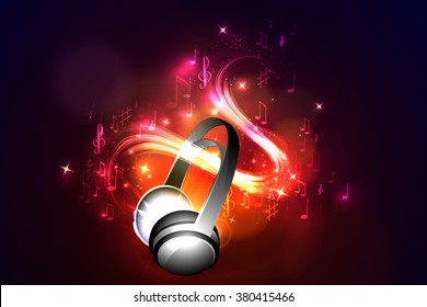 Abstract music background headphones and glowing waves, musical notes.