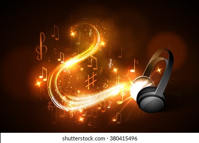 Abstract music background headphones and glowing waves, musical notes.