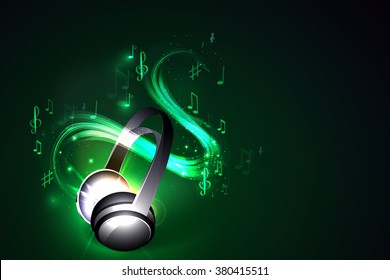 Abstract music background headphones and glowing waves, musical notes.