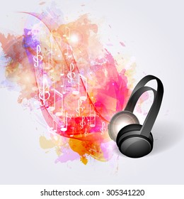 Abstract music background headphones and musical notes.