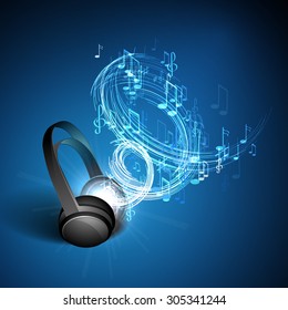 Abstract music background headphones and musical notes on blue background.