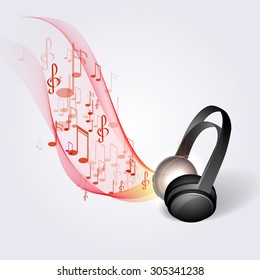 Abstract music background headphones and red musical notes.