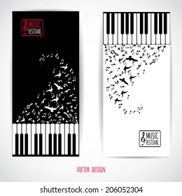 Abstract music background with keyboard, various music notes and flying birds, vector illustration, flyer set design 