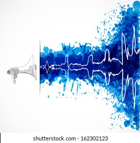 Abstract music background with loudspeaker and oscillation on blue grunge splashes. Vector illustration.