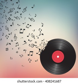 Abstract music background melody notes vinyl. Musical backdrop. gramophone club sound isolated.