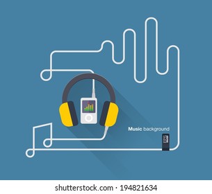 Abstract music background with mp3 player, headphones, cabel notes and music beats. Vector illustration. Flat design.