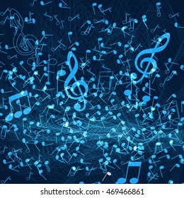 Abstract music background with musical notes and treble clef on dark blue background