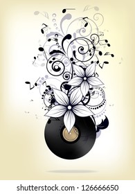 Abstract music background with notes and floral elements