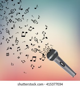 Abstract music background with notes and microphone. Musical backdrop. Music Notes isolated. Music microphone object.