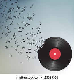 Abstract music background with notes and vinyl. Musical backdrop. Music Notes isolated. 