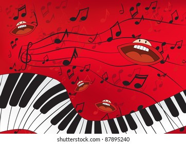 Abstract music background with a piano and singing mouths