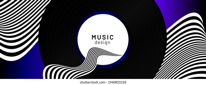 Abstract music background with record and black-white striped lines. Trendy dynamic design for poster, brochure, presentation, website etc.